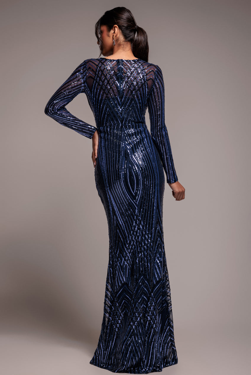 Goddiva Two Toned V Neck Sequin Maxi - Navy