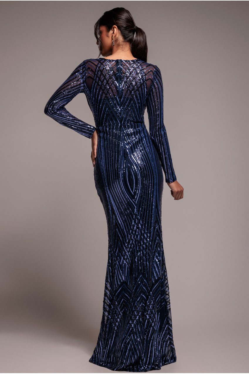 Goddiva Two Toned V Neck Sequin Maxi - Navy