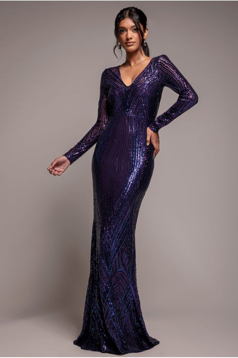 Goddiva Two Toned V Neck Sequin Maxi - Purple