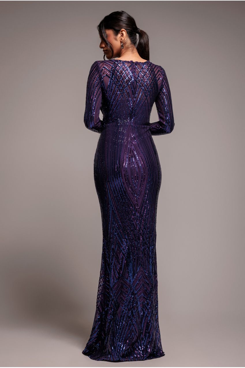 Goddiva Two Toned V Neck Sequin Maxi - Purple