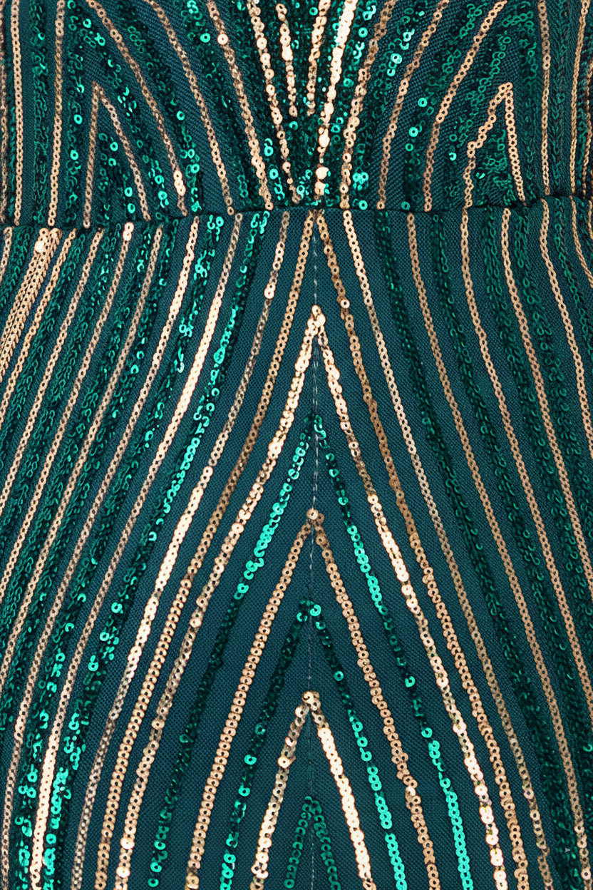Goddiva Two Toned V Neck Sequin Maxi - Emerald Green