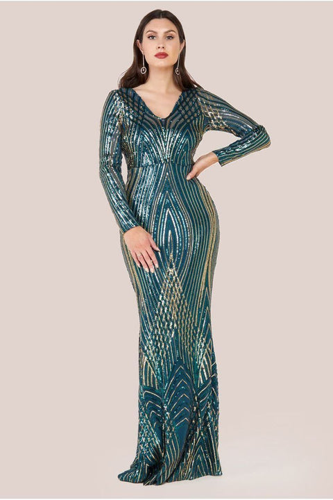 Goddiva Two Toned V Neck Sequin Maxi - Emerald Green