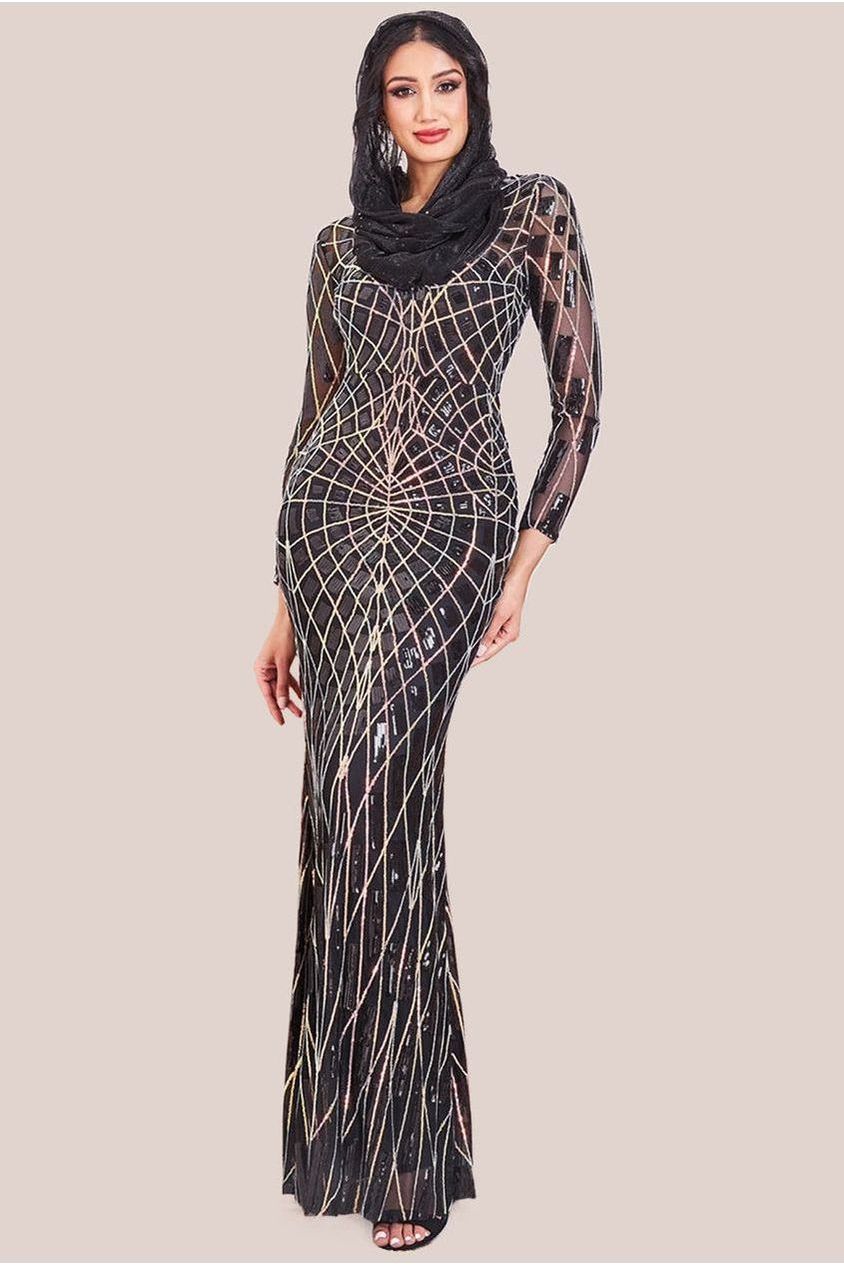 Goddiva Modesty Geo Sequin Maxi Dress - Black