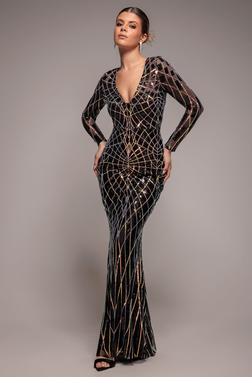 Goddiva Geo Sequin Long Sleeve Maxi Dress - Black