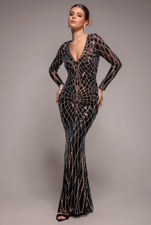 Goddiva Geo Sequin Long Sleeve Maxi Dress - Black