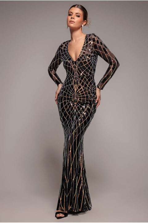Goddiva Geo Sequin Long Sleeve Maxi Dress - Black