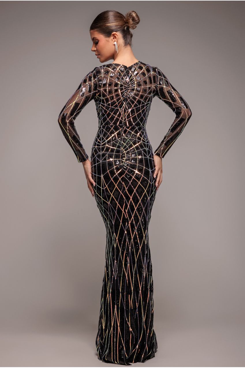 Goddiva Geo Sequin Long Sleeve Maxi Dress - Black