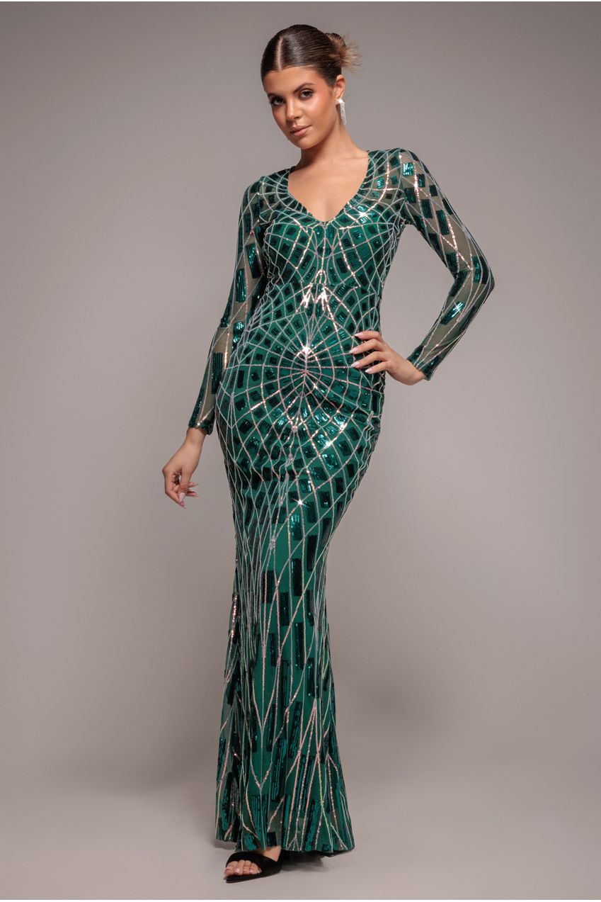 Goddiva Geo Sequin Long Sleeve Maxi Dress - Emerald