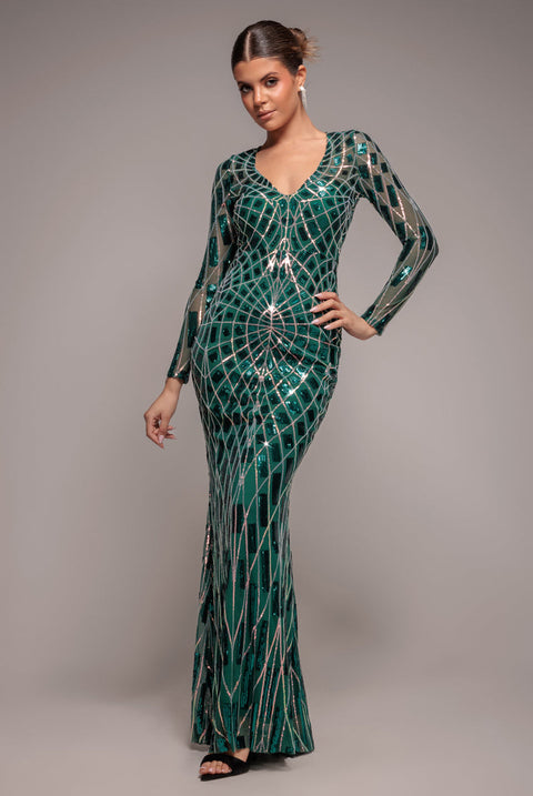 Goddiva Geo Sequin Long Sleeve Maxi Dress - Emerald