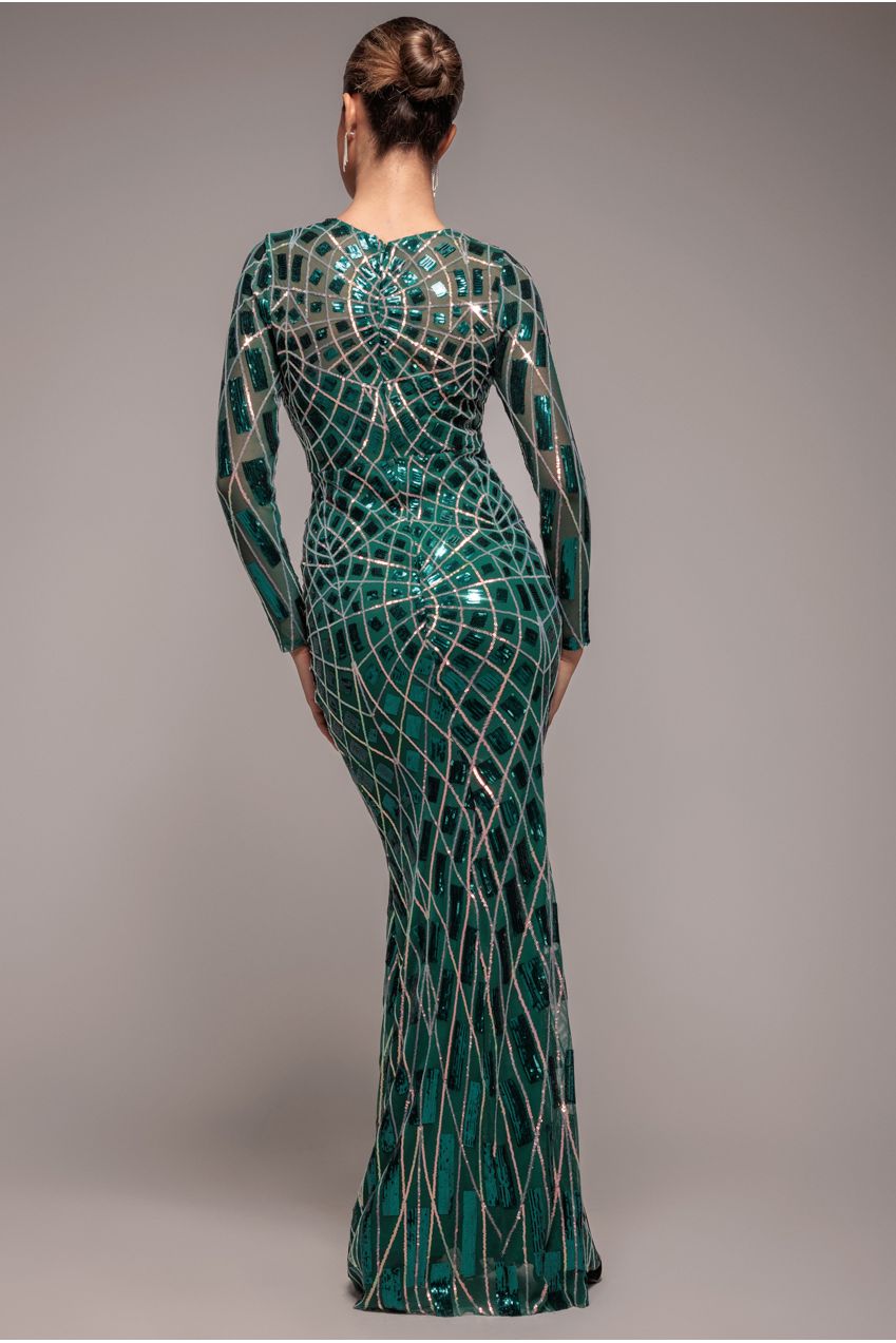 Goddiva Geo Sequin Long Sleeve Maxi Dress - Emerald