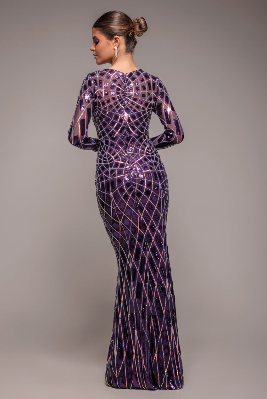 Goddiva Geo Sequin Long Sleeve Maxi Dress - Purple