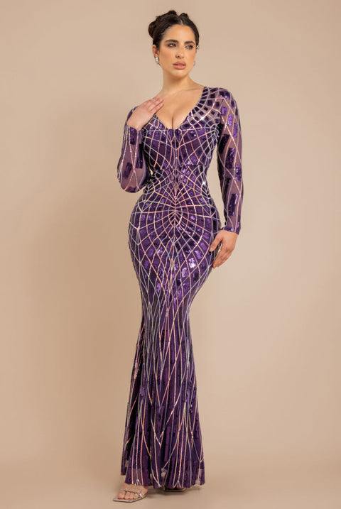 Goddiva Geo Sequin Long Sleeve Maxi Dress - Purple