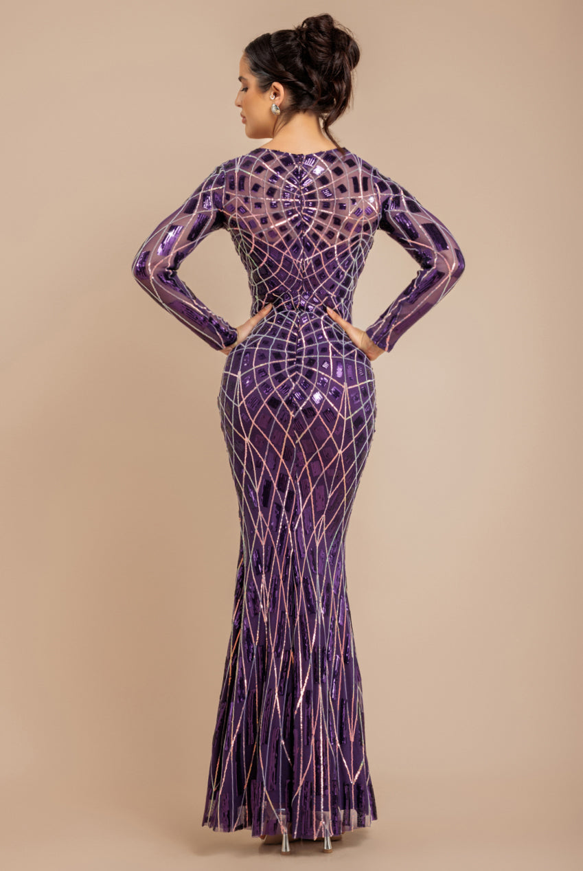 Goddiva Geo Sequin Long Sleeve Maxi Dress - Purple
