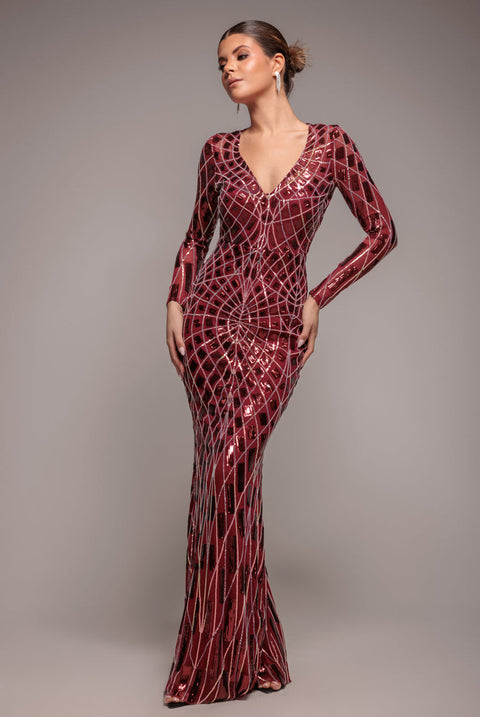 Goddiva Geo Sequin Long Sleeve Maxi Dress - Wine