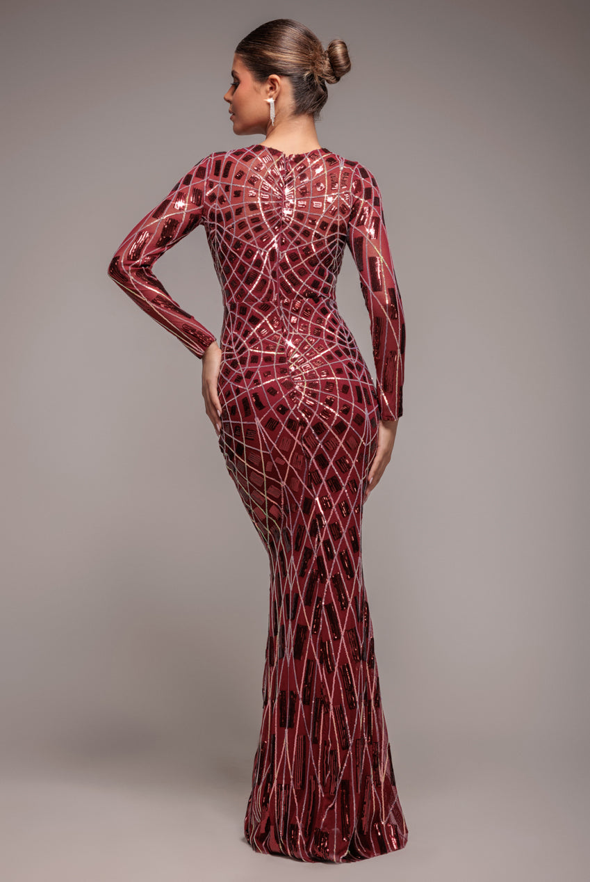 Goddiva Geo Sequin Long Sleeve Maxi Dress - Wine