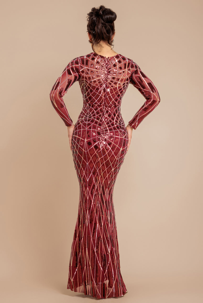 Goddiva Geo Sequin Long Sleeve Maxi Dress - Wine