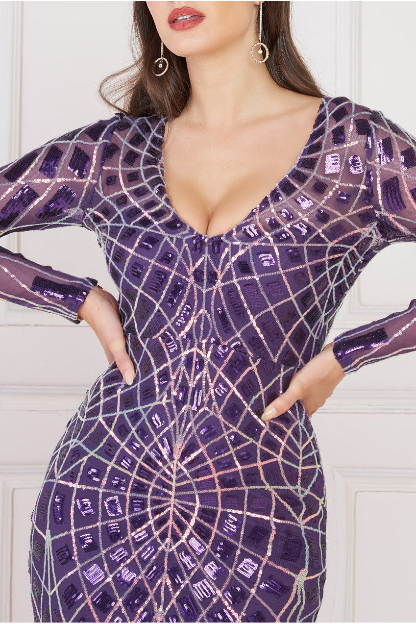 Goddiva Geo Sequin Long Sleeve Maxi Dress - Purple