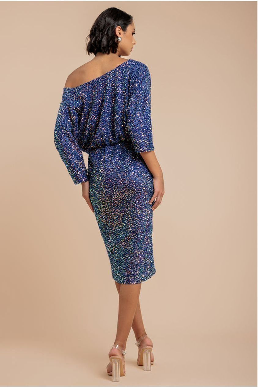 Goddiva Sequin Cowl Neck Midi Dress - Royal Blue