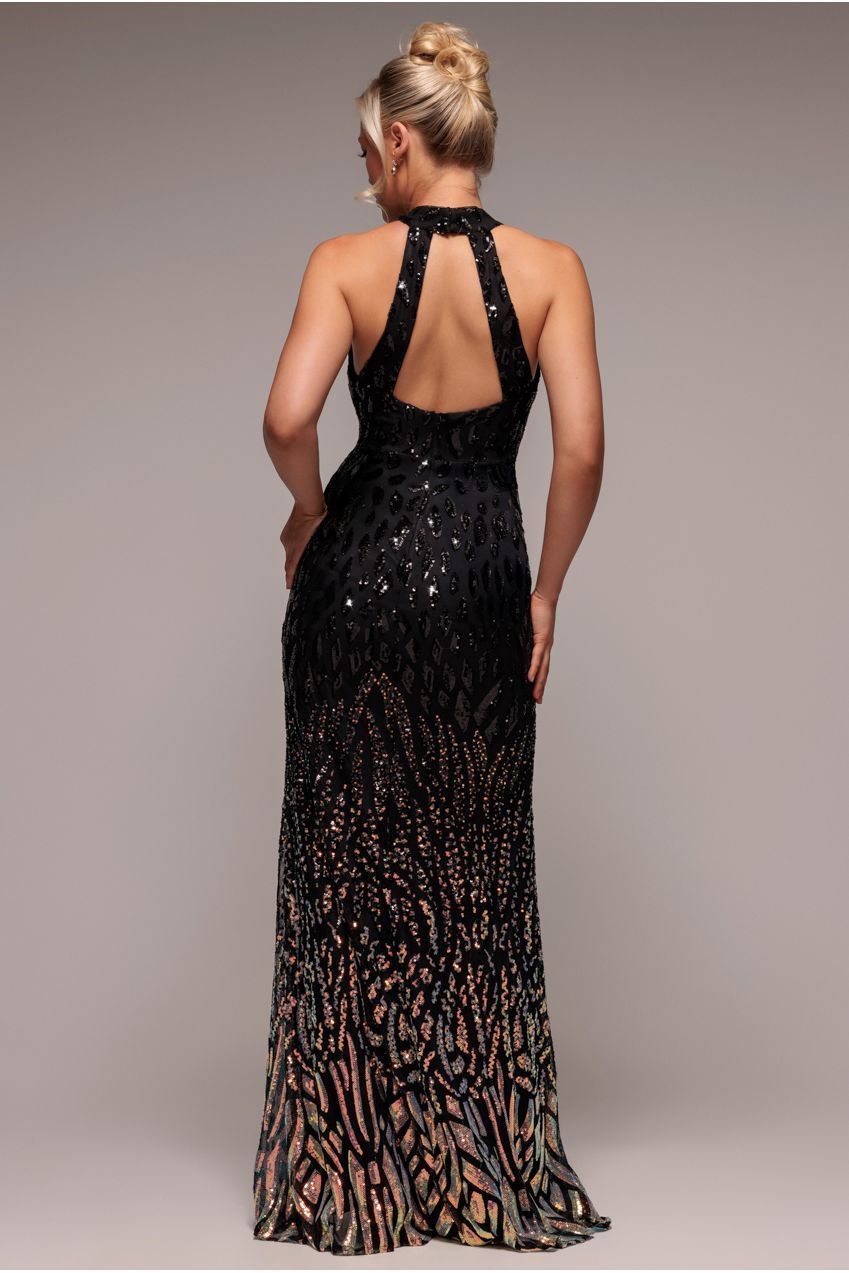 Goddiva Ombre Sequin Halter Maxi With Thigh Split - Black