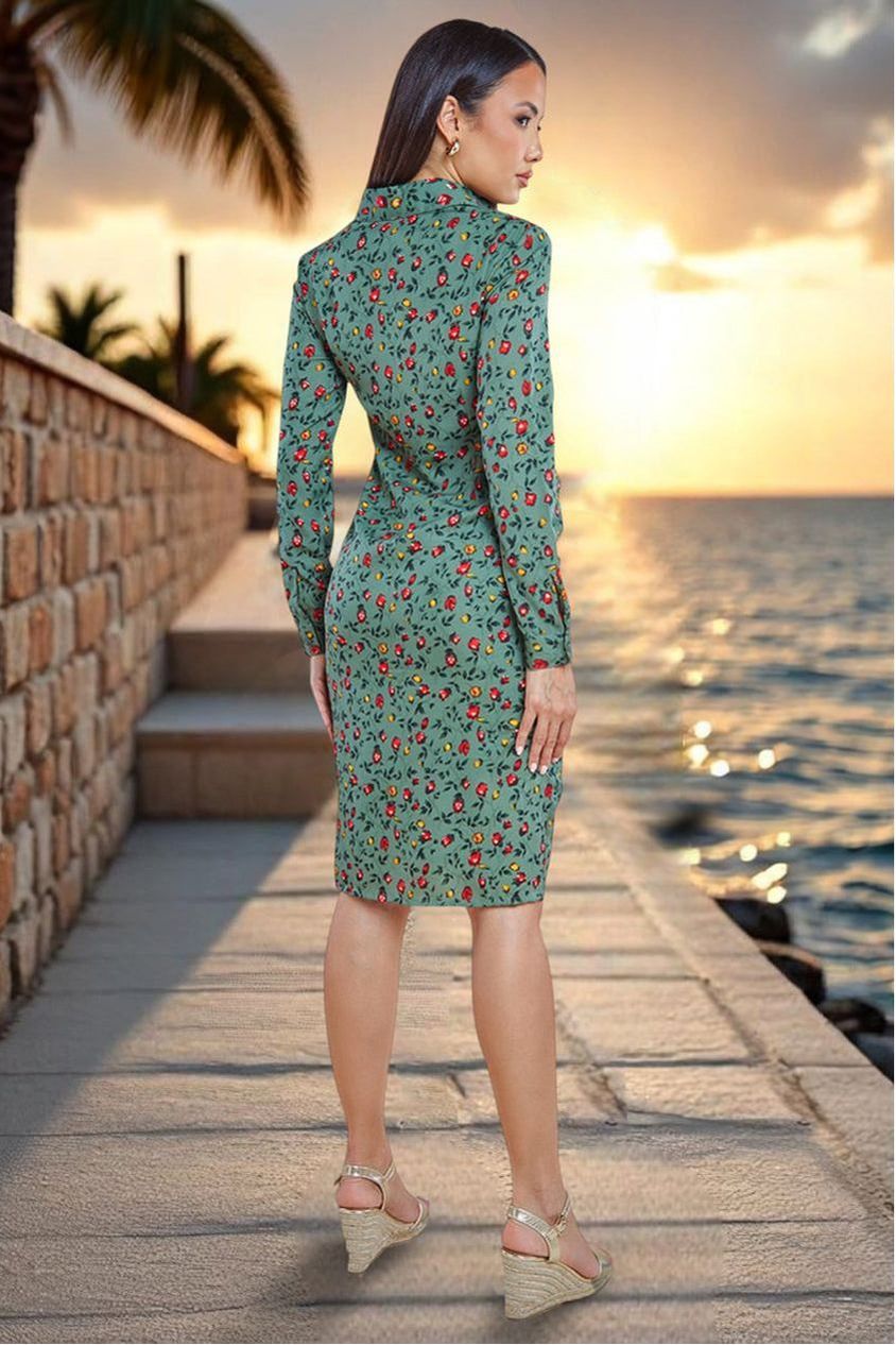 City Goddess Floral Print Shirt Dress - Sage Green