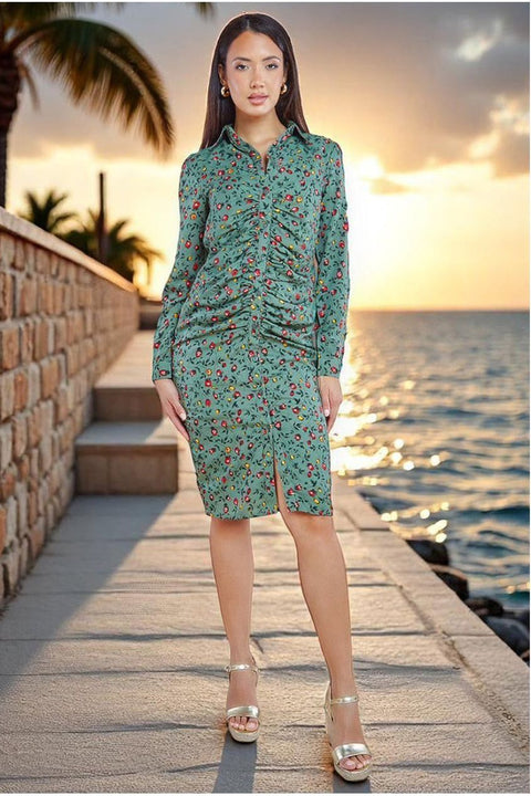 City Goddess Floral Print Shirt Dress - Sage Green