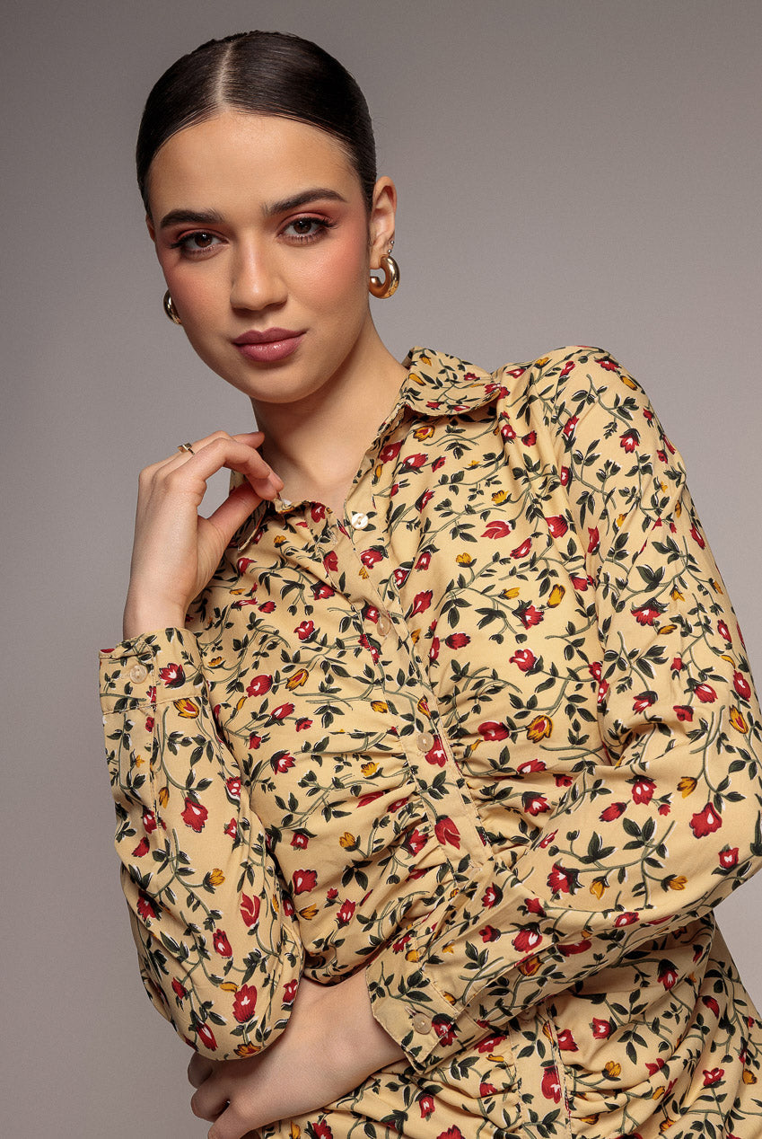 City Goddess Floral Print Shirt Dress - Beige