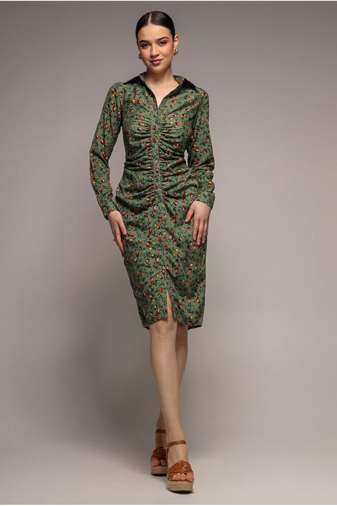 City Goddess Floral Print Shirt Dress - Sage Green