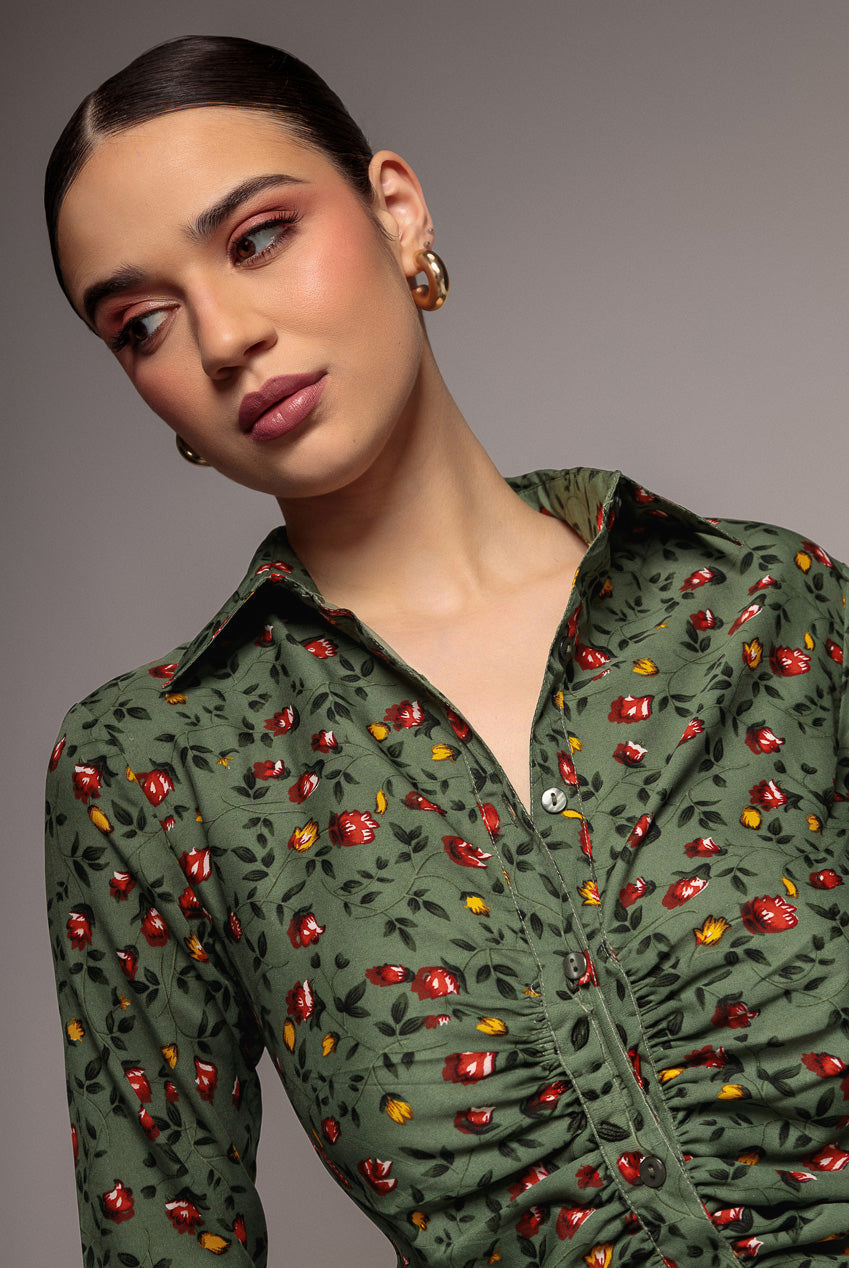 City Goddess Floral Print Shirt Dress - Sage Green