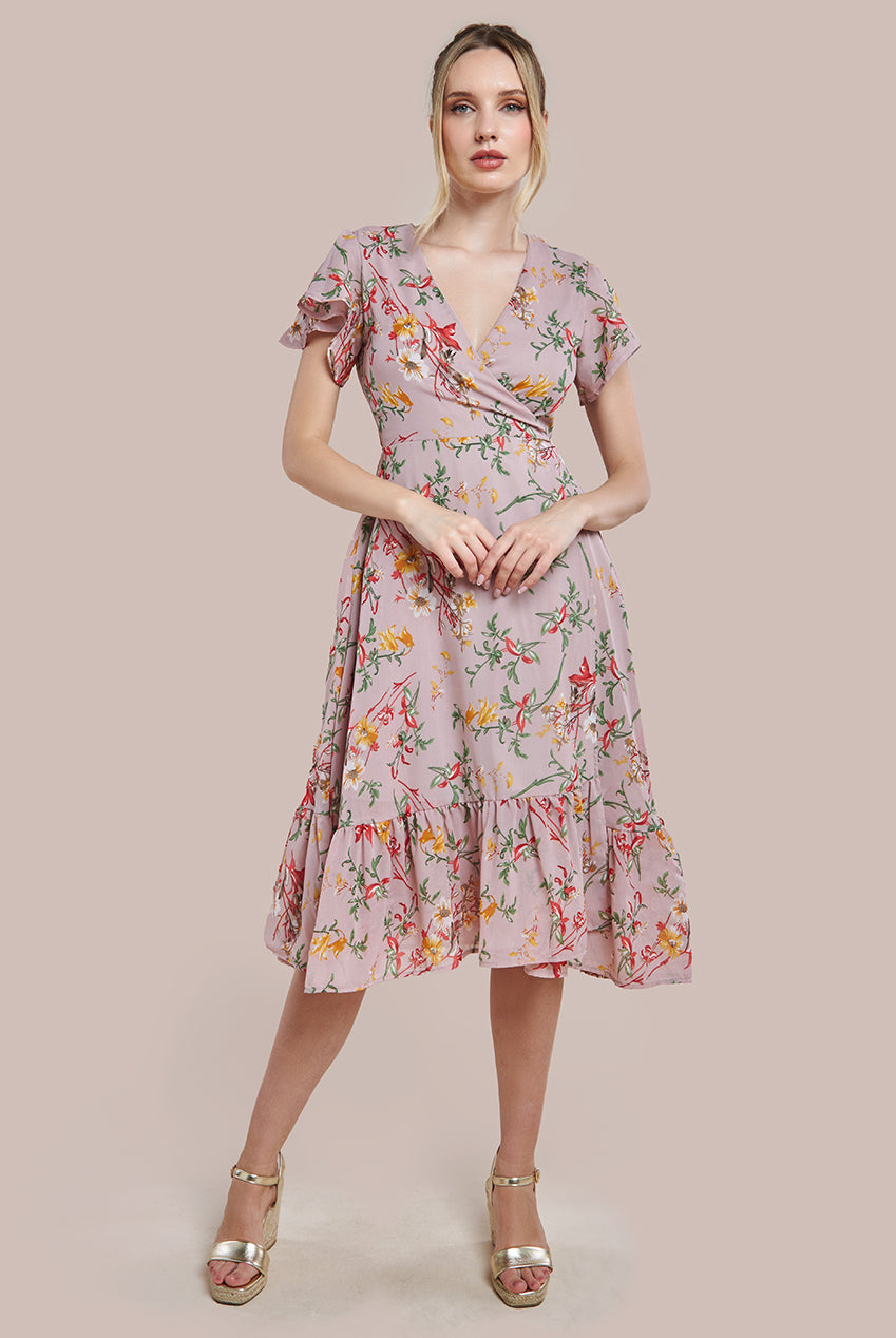 City Goddess Wrap Flutter Sleeve Floral Midi Dress - Beige