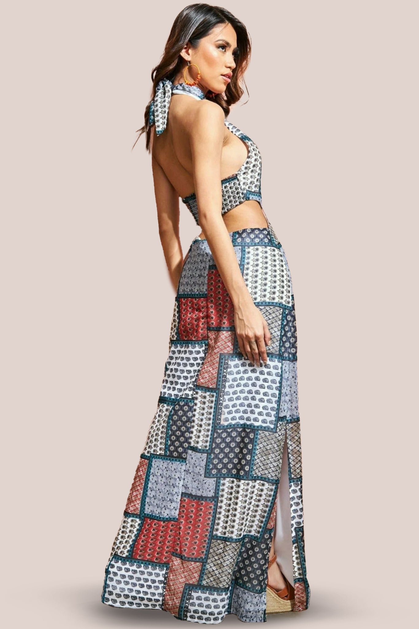 City Goddess Halter Neck Printed Maxi Dress - Blue
