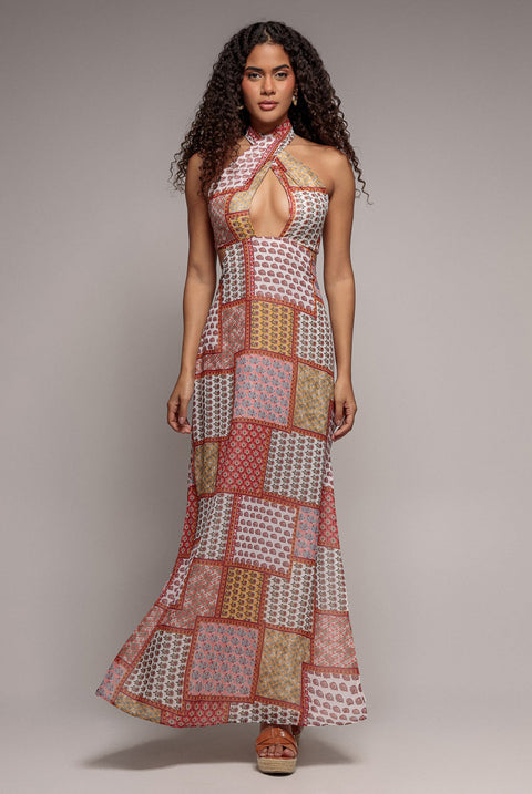 Goddiva Halter Neck Printed Maxi Dress - Coral