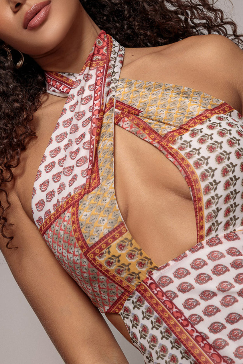 Goddiva Halter Neck Printed Maxi Dress - Coral