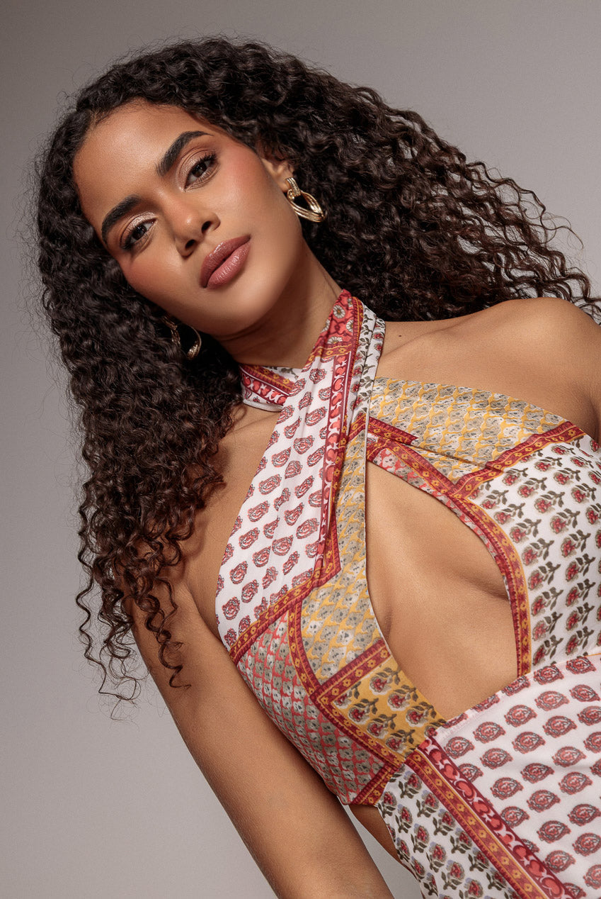 Goddiva Halter Neck Printed Maxi Dress - Coral