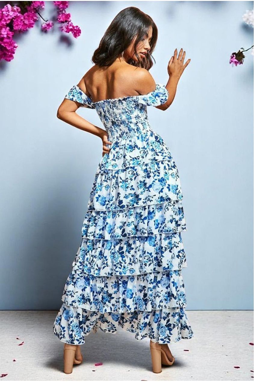 Goddiva Layered Dipped Hem Floral Maxi - Blue