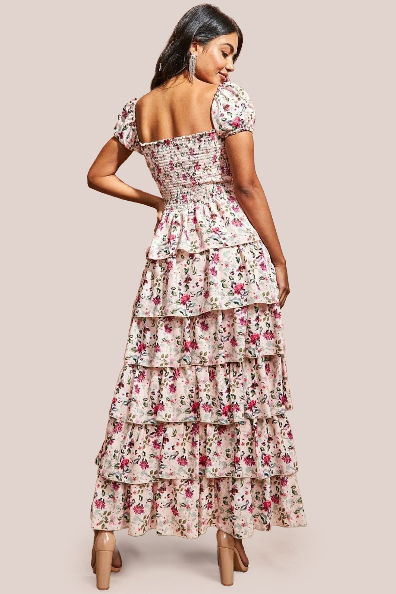 Goddiva Layered Dipped Hem Floral Maxi - Beige