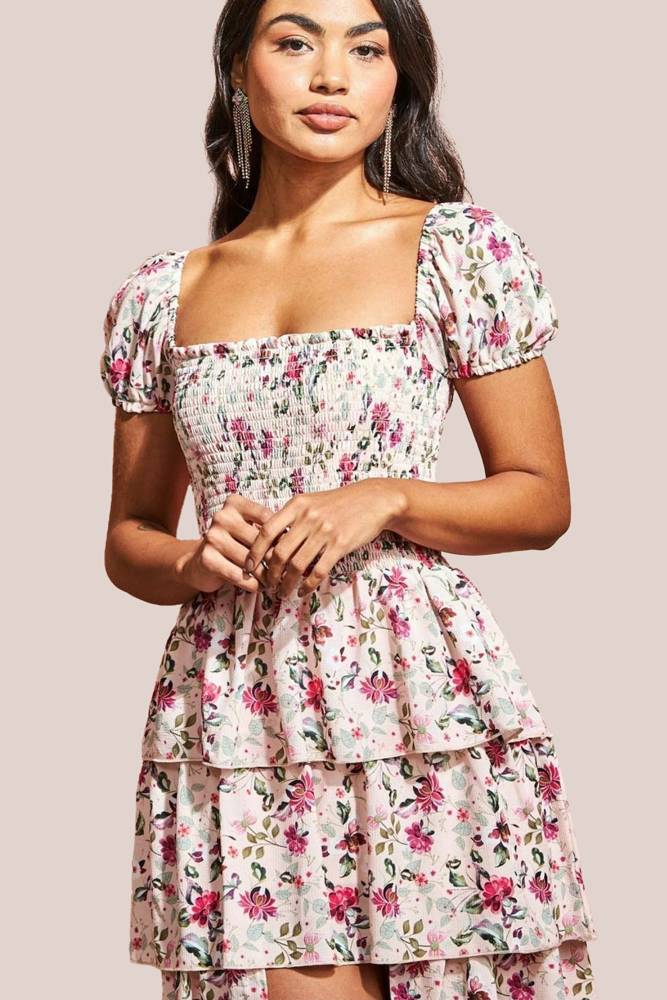 Goddiva Layered Dipped Hem Floral Maxi - Beige