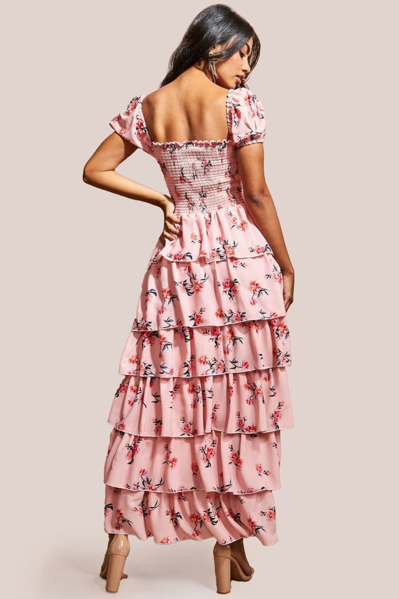 Goddiva Layered Dipped Hem Floral Maxi - Peach