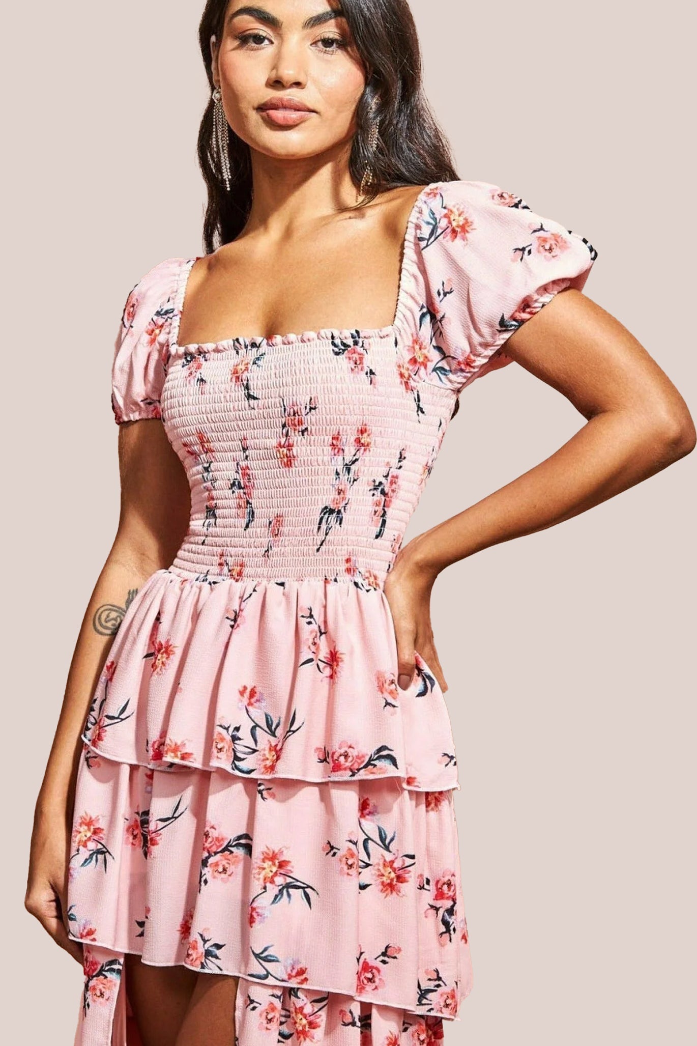 Goddiva Layered Dipped Hem Floral Maxi - Peach