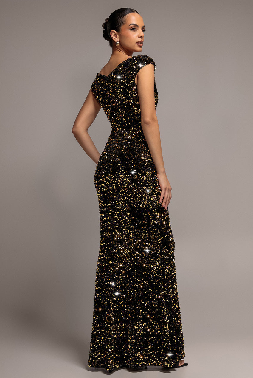 Goddiva Multi Sequin & Velvet Bardot Maxi - Gold