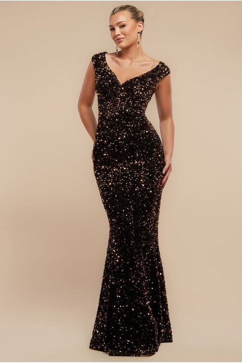 Goddiva Multi Sequin & Velvet Bardot Maxi - Gold