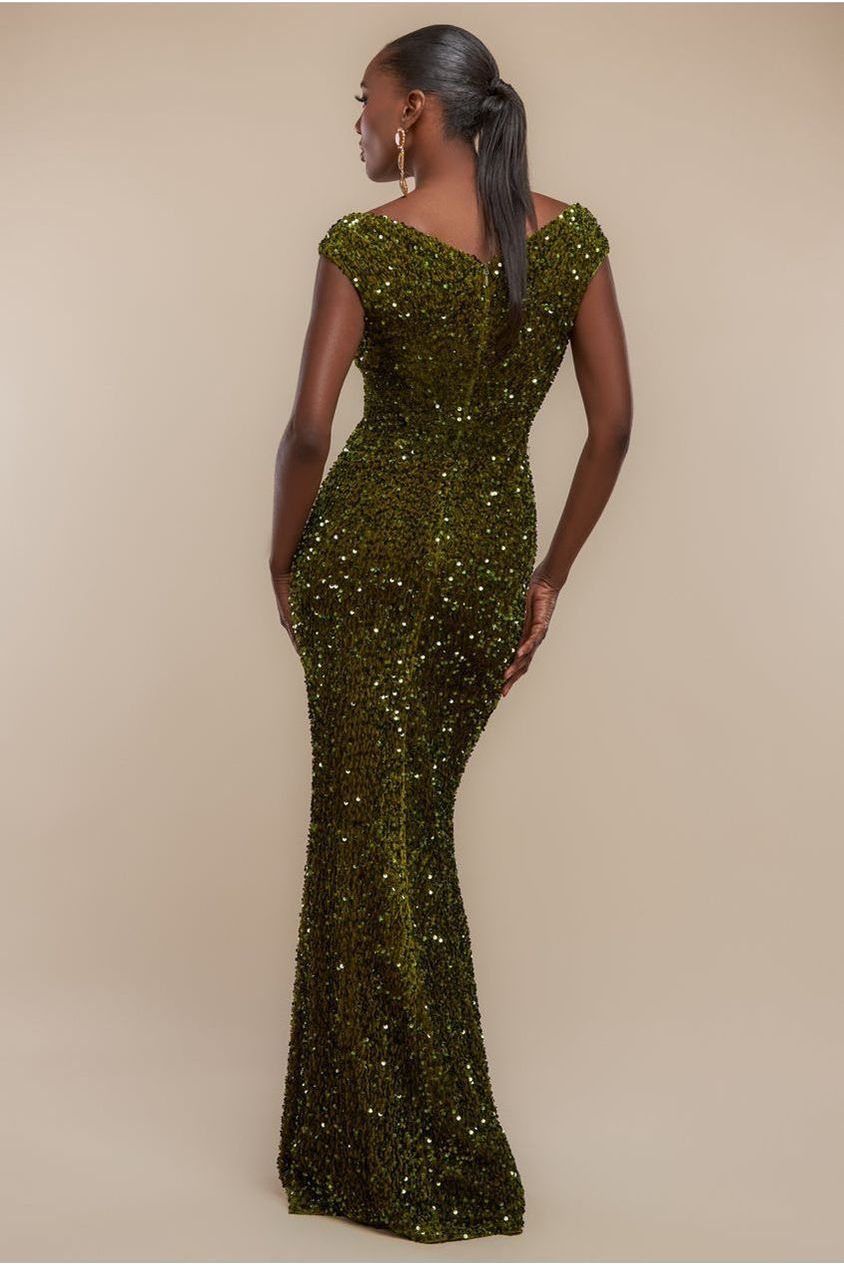 Goddiva Multi Sequin & Velvet Bardot Maxi Dress - Olive Green