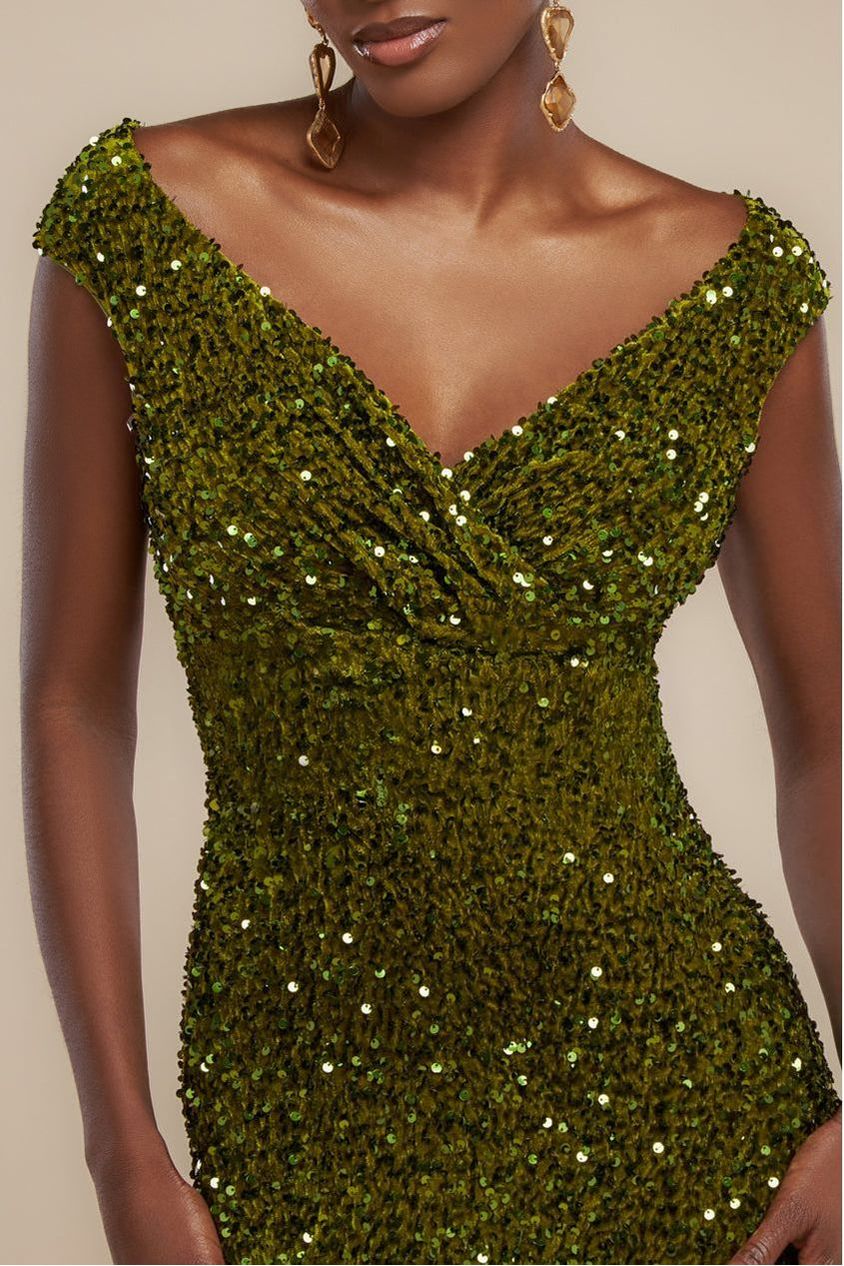 Goddiva Multi Sequin & Velvet Bardot Maxi Dress - Olive Green