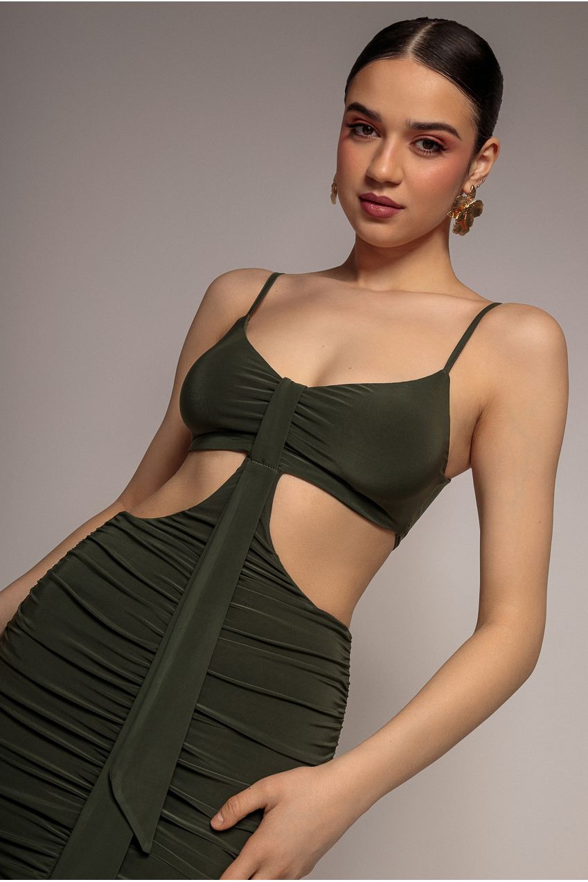 City Goddess Cut Out Ruched Bodycon Midi Dress - Khaki