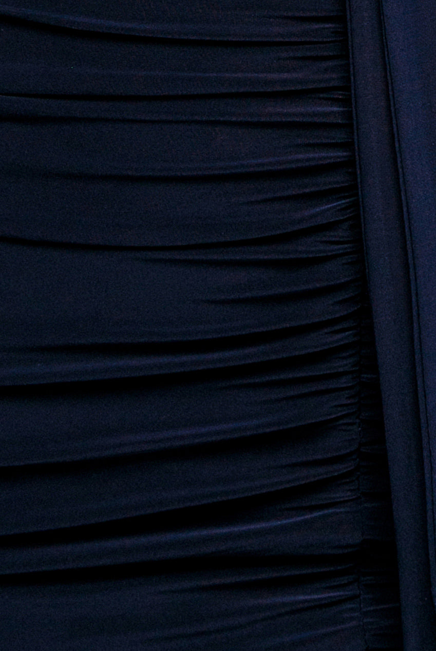 Goddiva Cut Out Ruched Bodycon Midi Dress - Navy Blue