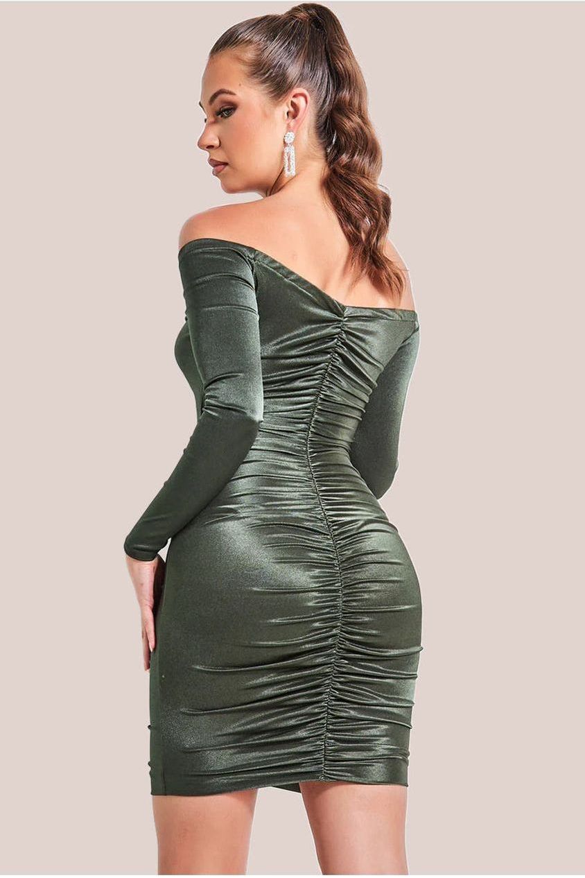 Goddiva Off The Shoulder Ruched Mini - Khaki