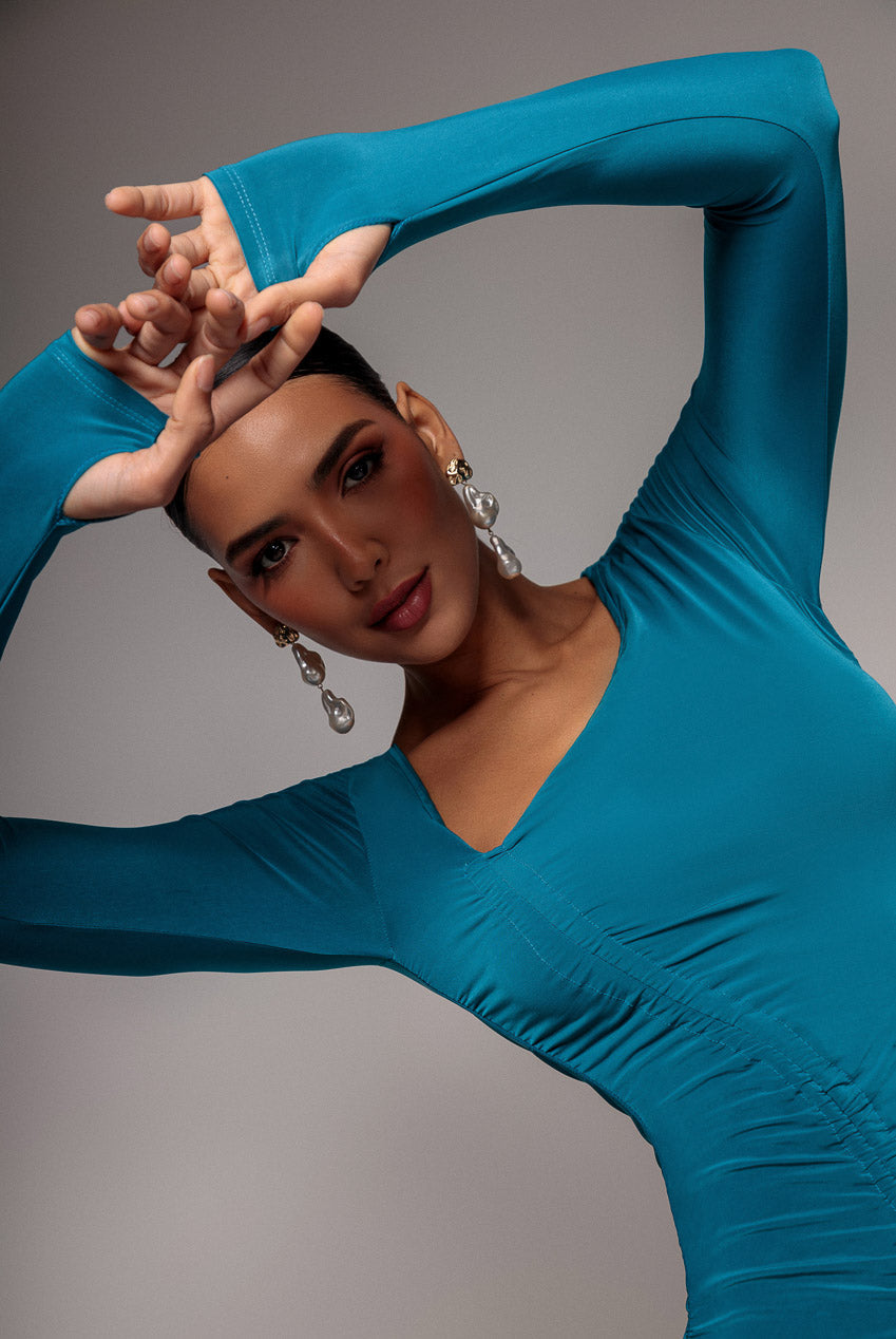 Goddiva Asymmetrical Neck Ruched Midi Dress - Teal