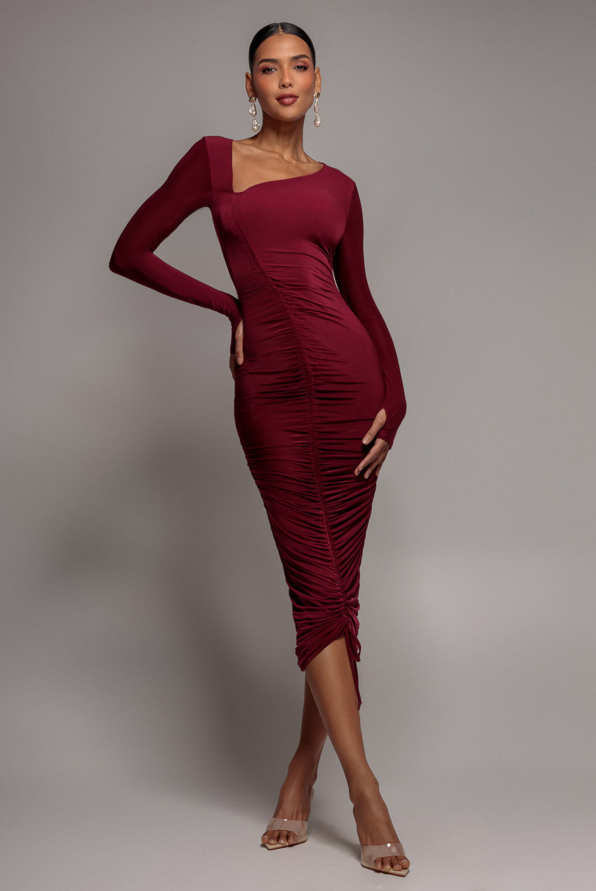 Goddiva Asymmetrical Neck Ruched Midi Dress - Wine