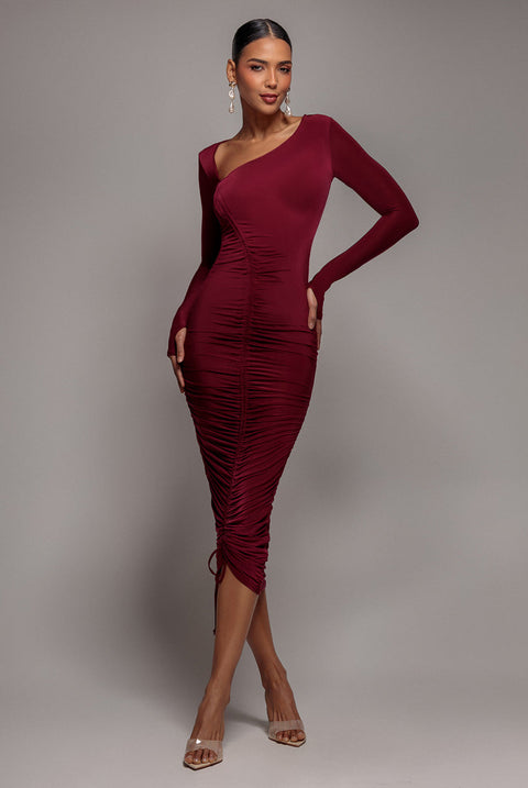 Goddiva Asymmetrical Neck Ruched Midi Dress - Wine