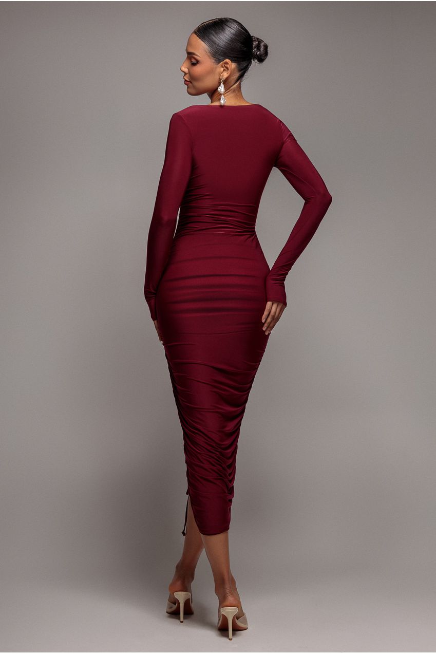Goddiva Asymmetrical Neck Ruched Midi Dress - Wine