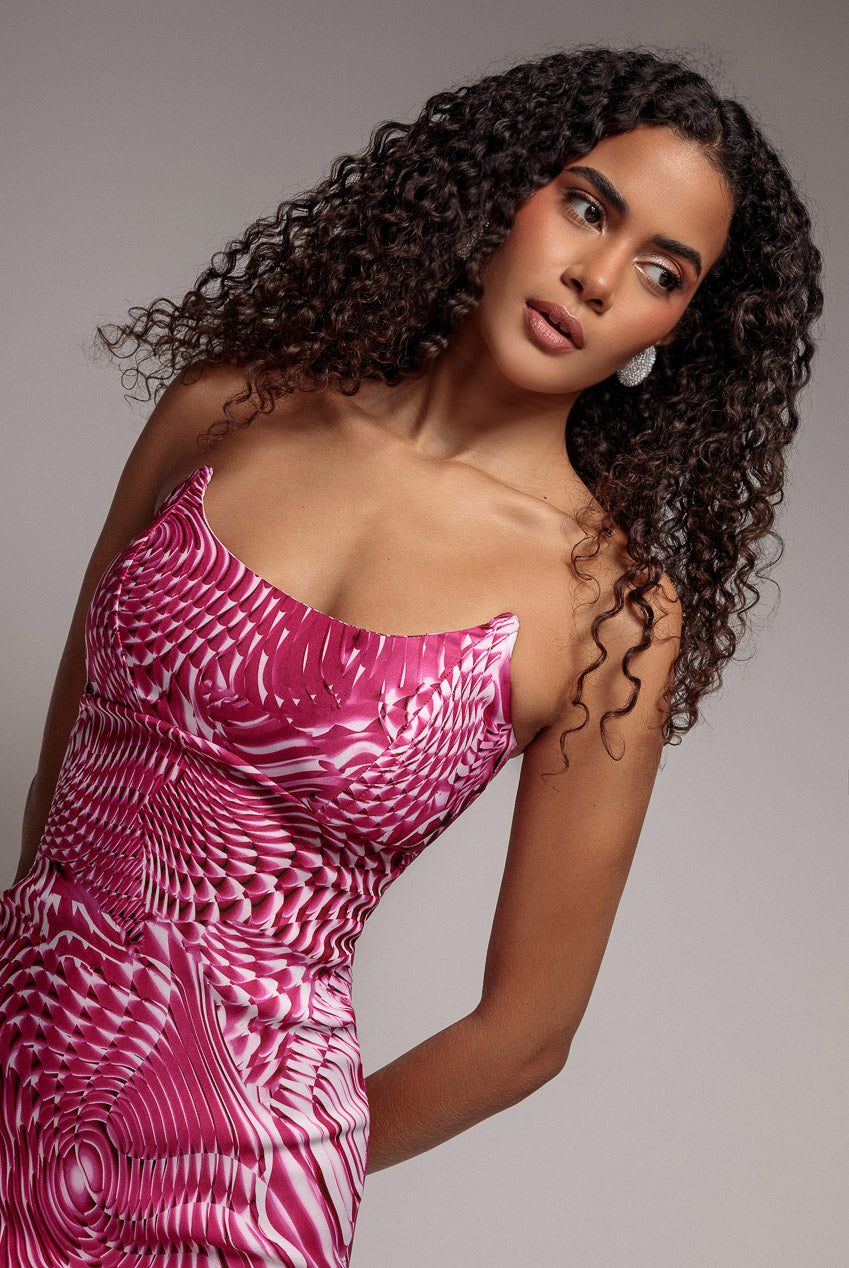 Goddiva Abstract Bandeau Bodycon Midi Dress - Cerise